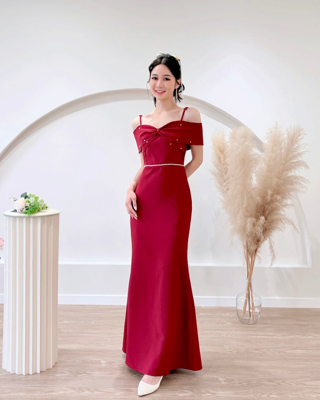 *S&C Made PLUS SIZE* Bow Design Pearl Mermaid Maxi Gown MAROON (S-2XL)