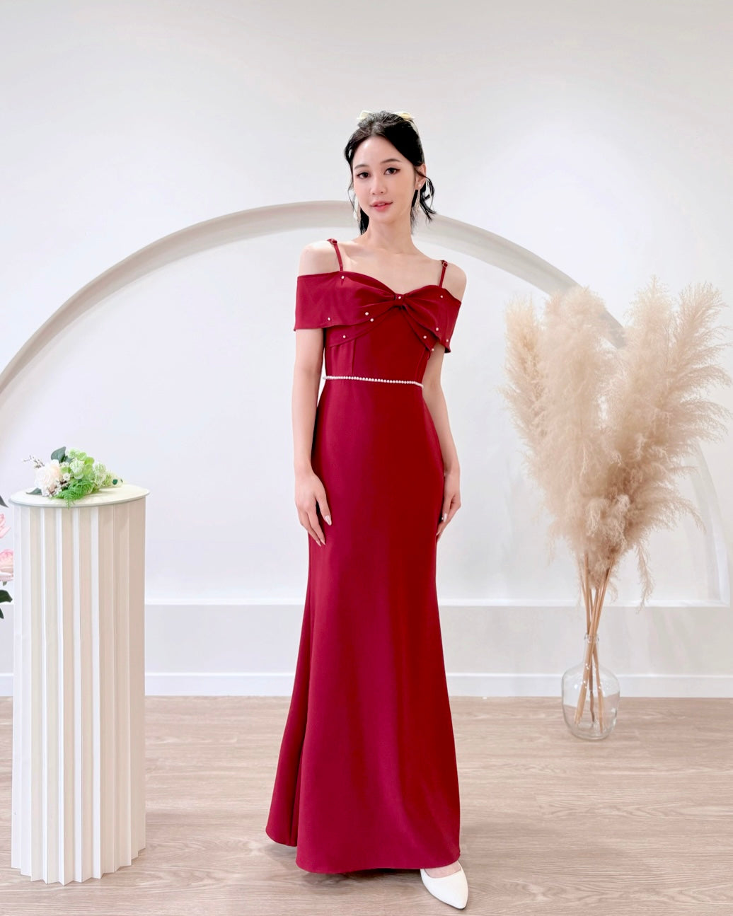 *S&C Made PLUS SIZE* Bow Design Pearl Mermaid Maxi Gown MAROON (S-2XL)