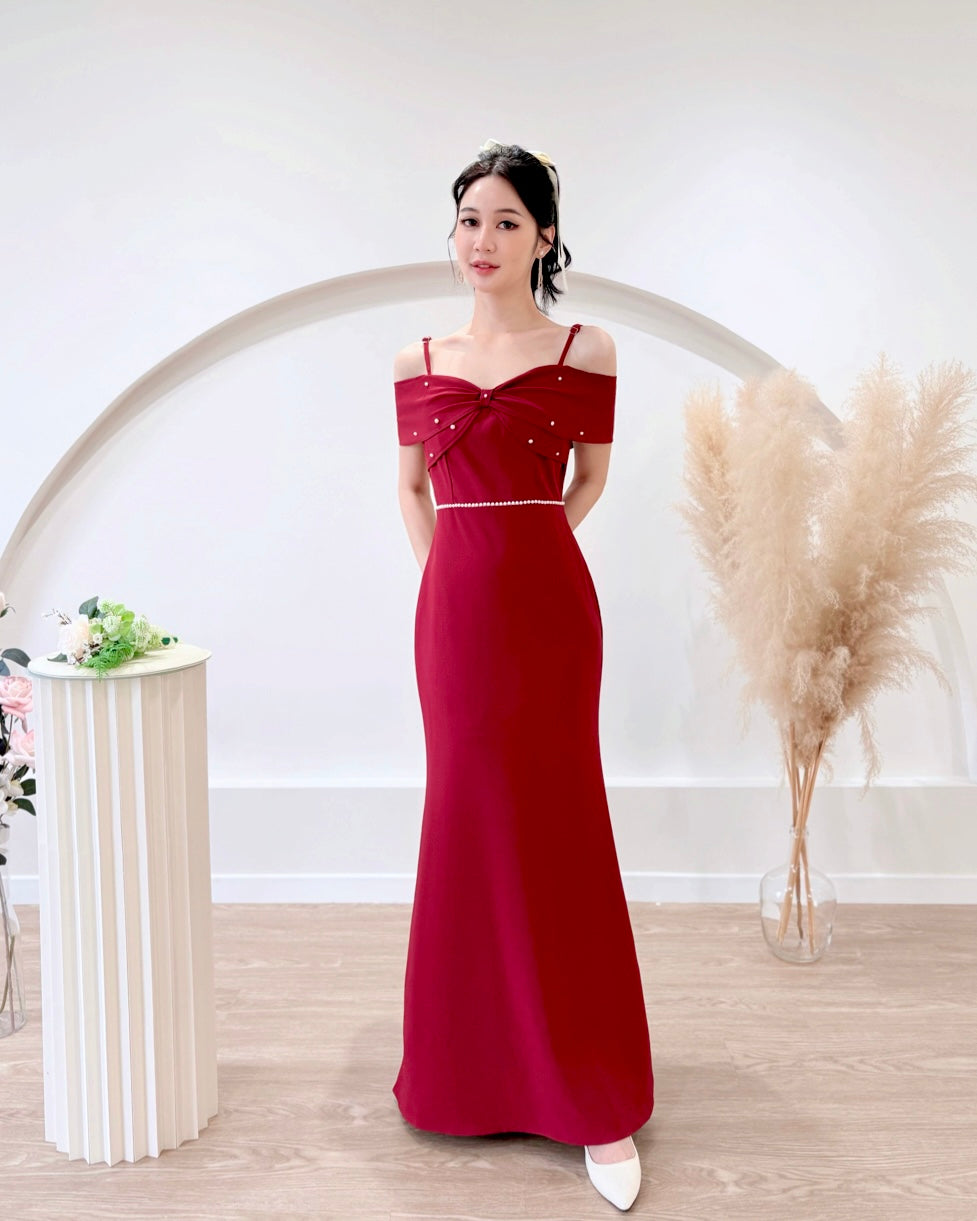 *S&C Made PLUS SIZE* Bow Design Pearl Mermaid Maxi Gown MAROON (S-2XL)