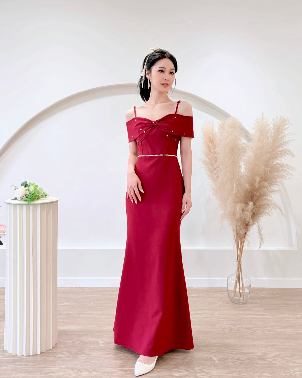 *S&C Made PLUS SIZE* Bow Design Pearl Mermaid Maxi Gown MAROON (S-2XL)