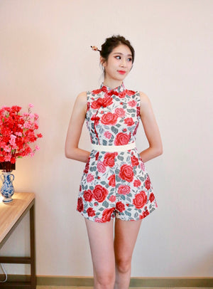 Roses Embroidery Oriental Romper RED/ LIGHT VIOLET (ML)