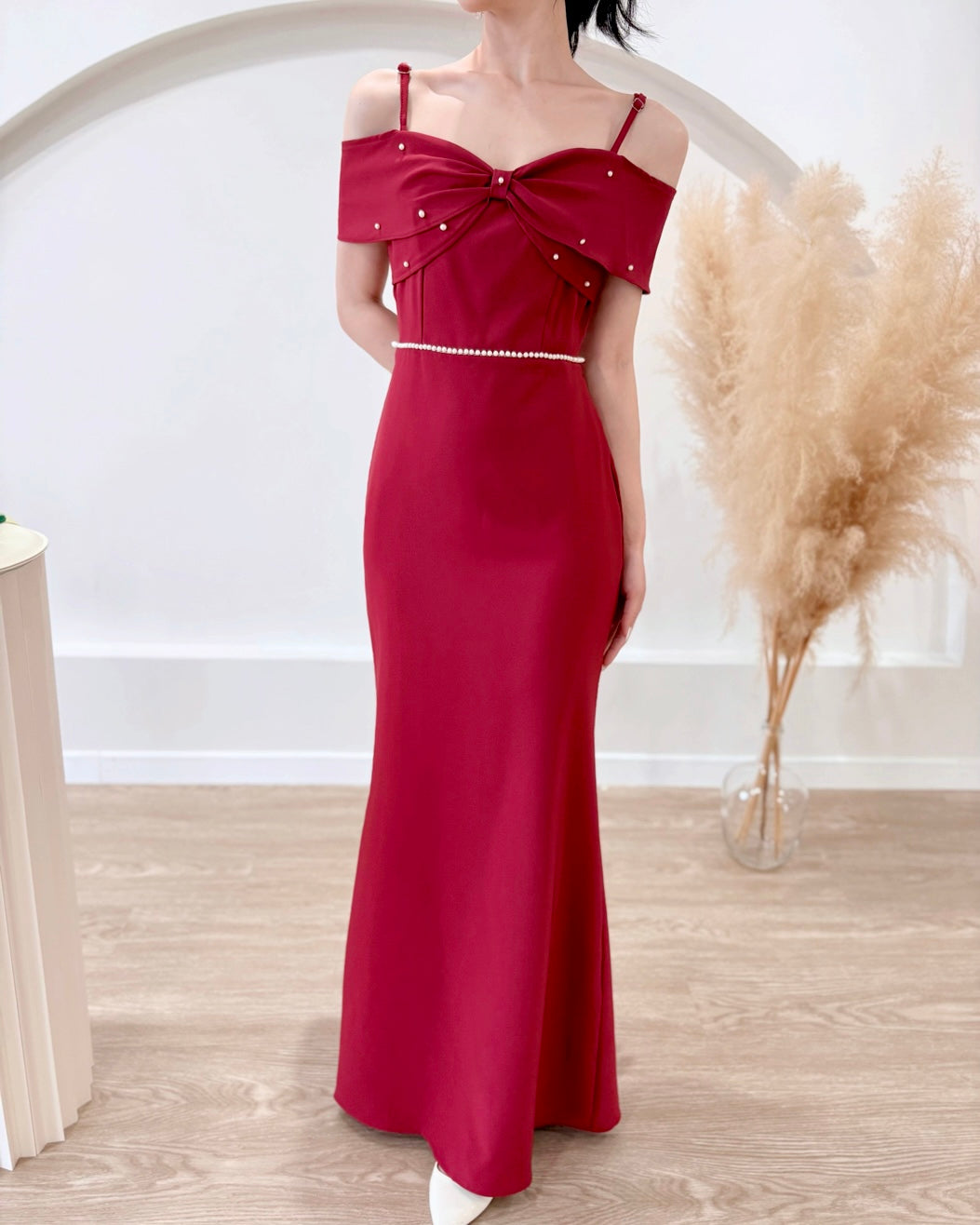 *S&C Made PLUS SIZE* Bow Design Pearl Mermaid Maxi Gown MAROON (S-2XL)