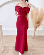 *S&C Made PLUS SIZE* Bow Design Pearl Mermaid Maxi Gown MAROON (S-2XL)