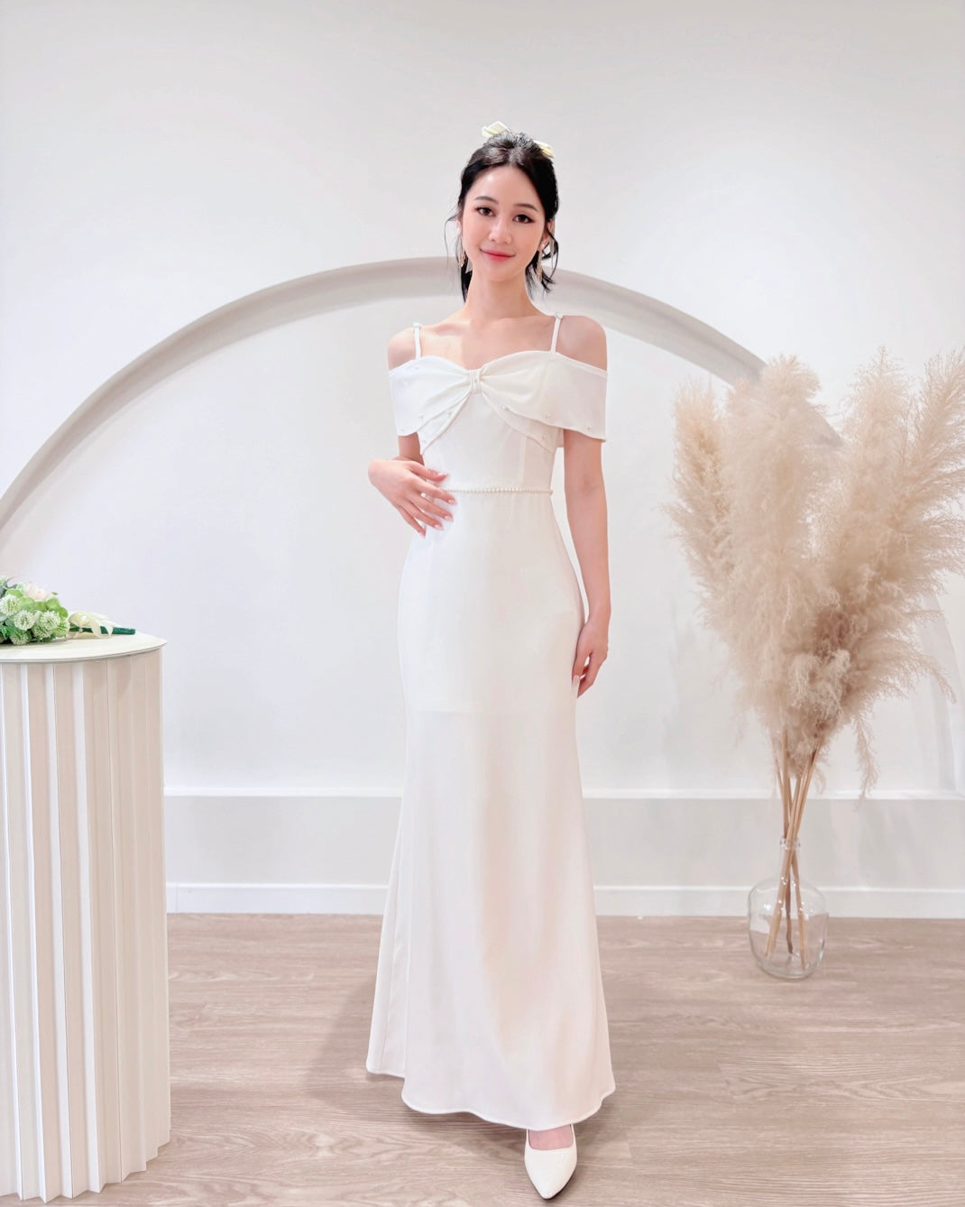 *S&C Made PLUS SIZE* Bow Design Pearl Mermaid Maxi Gown WHITE (S-2XL)