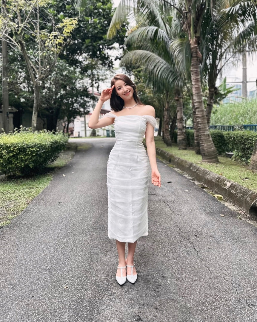 Mesh Pleats Design Body Fit Midi Dress WHITE/ NUDE PINK (XS, S)