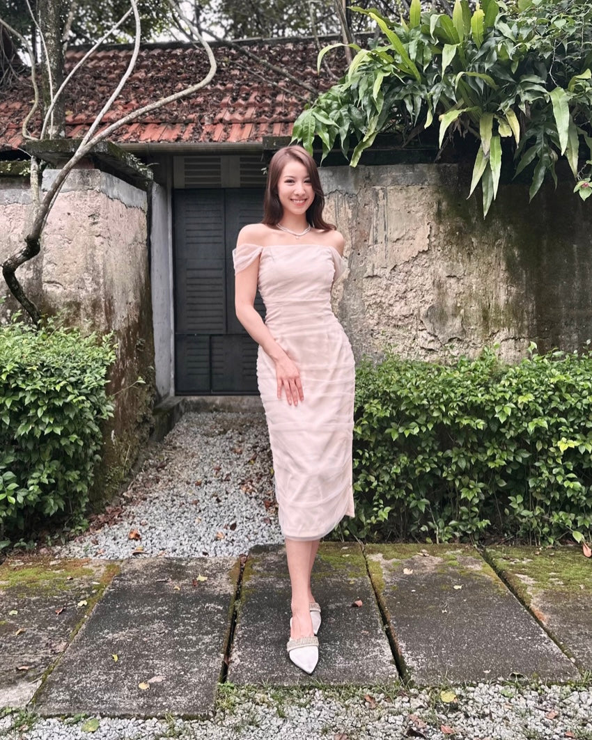 Mesh Pleats Design Body Fit Midi Dress WHITE/ NUDE PINK (XS, S)
