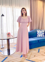 Elastic Puffy Sleeve Flare Maxi Gown WHITE/ PINK (S-L)