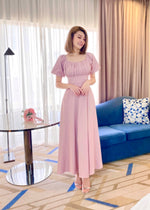 Elastic Puffy Sleeve Flare Maxi Gown WHITE/ PINK (S-L)