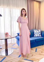 Elastic Puffy Sleeve Flare Maxi Gown WHITE/ PINK (S-L)