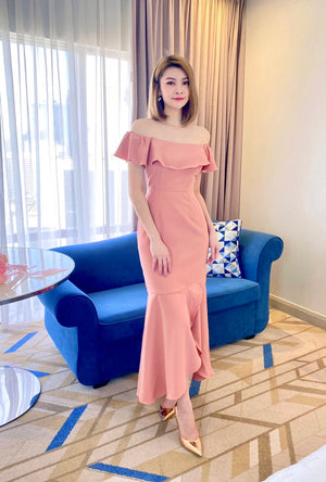 Elastic Ruffles Mermaid Maxi Gown SALMON PINK (S)