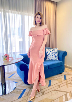 Elastic Ruffles Mermaid Maxi Gown SALMON PINK (S)