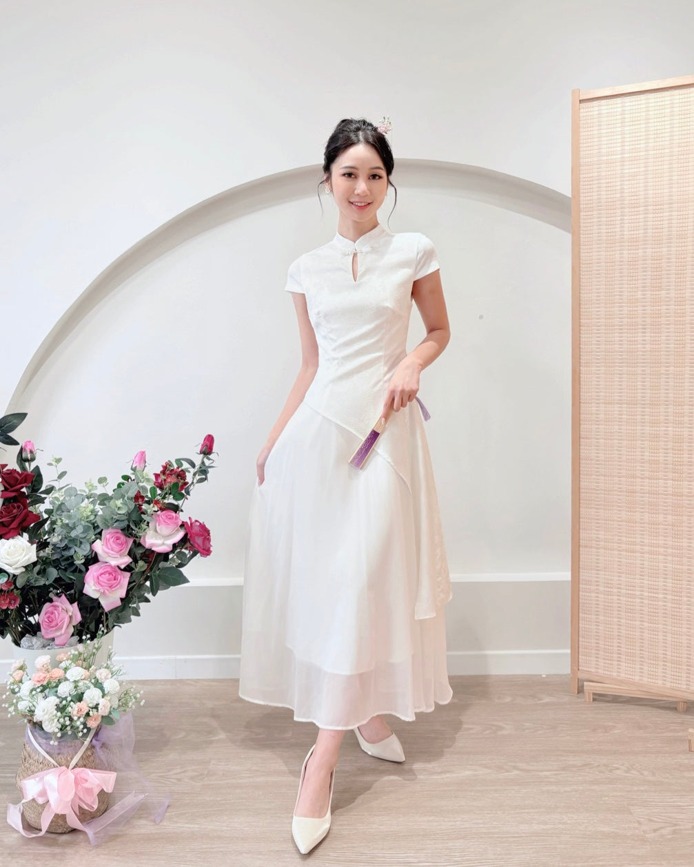 Short Sleeve Asymmetry Cheongsam Dress WHITE/ BLUE/ BEIGE (S-2XL)