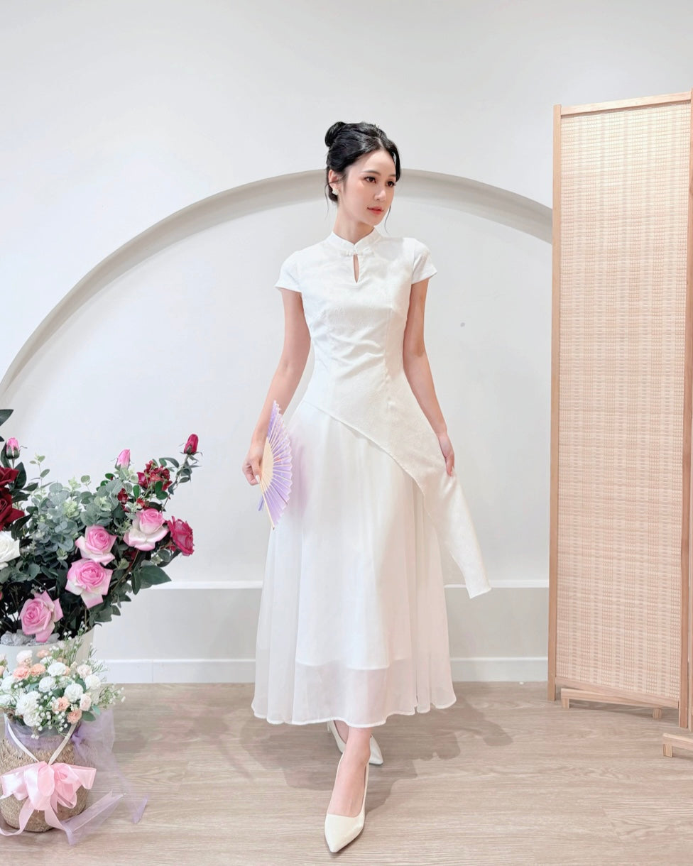 Short Sleeve Asymmetry Cheongsam Dress WHITE/ BLUE/ BEIGE (S-2XL)