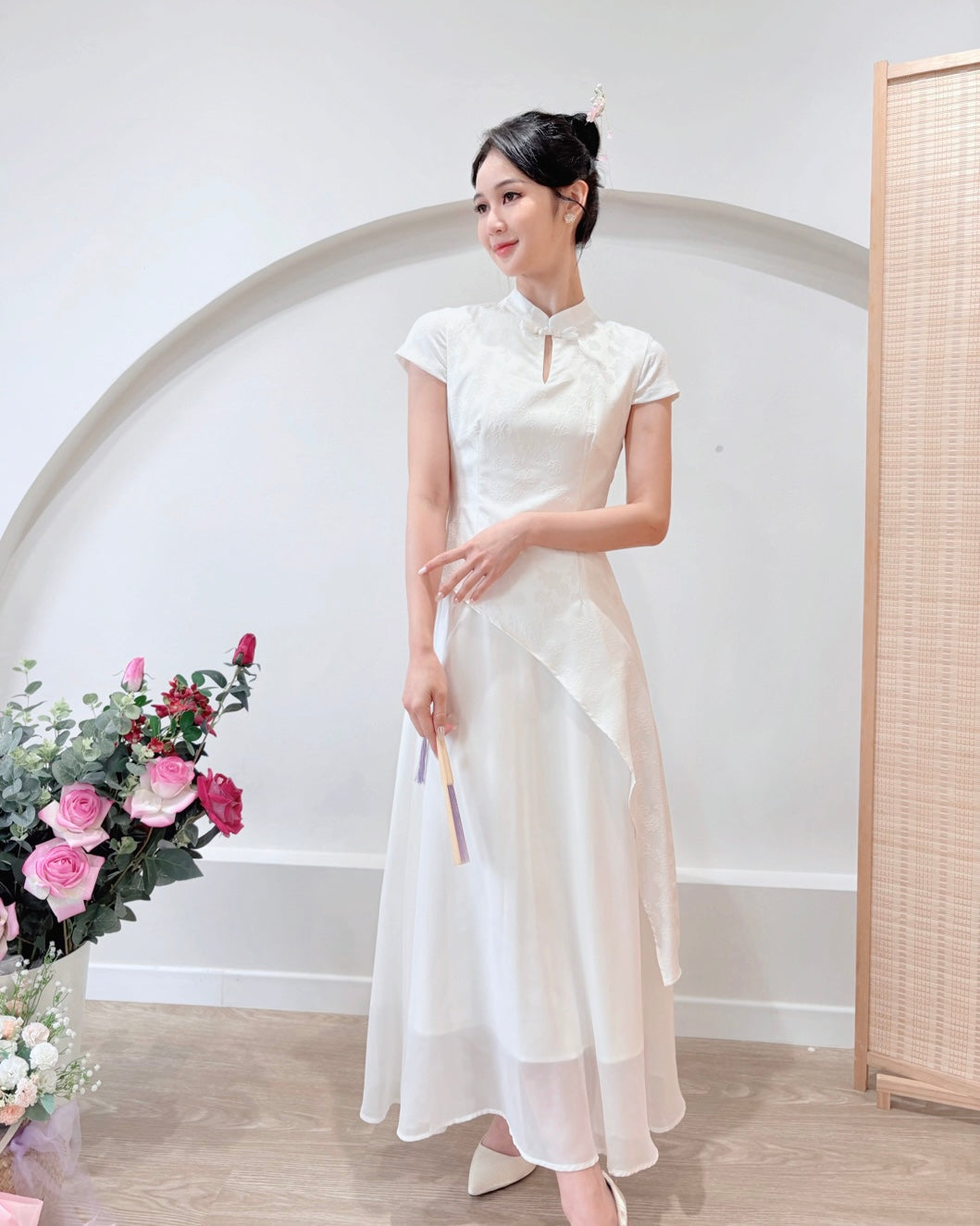 Short Sleeve Asymmetry Cheongsam Dress WHITE/ BLUE/ BEIGE (S-2XL)