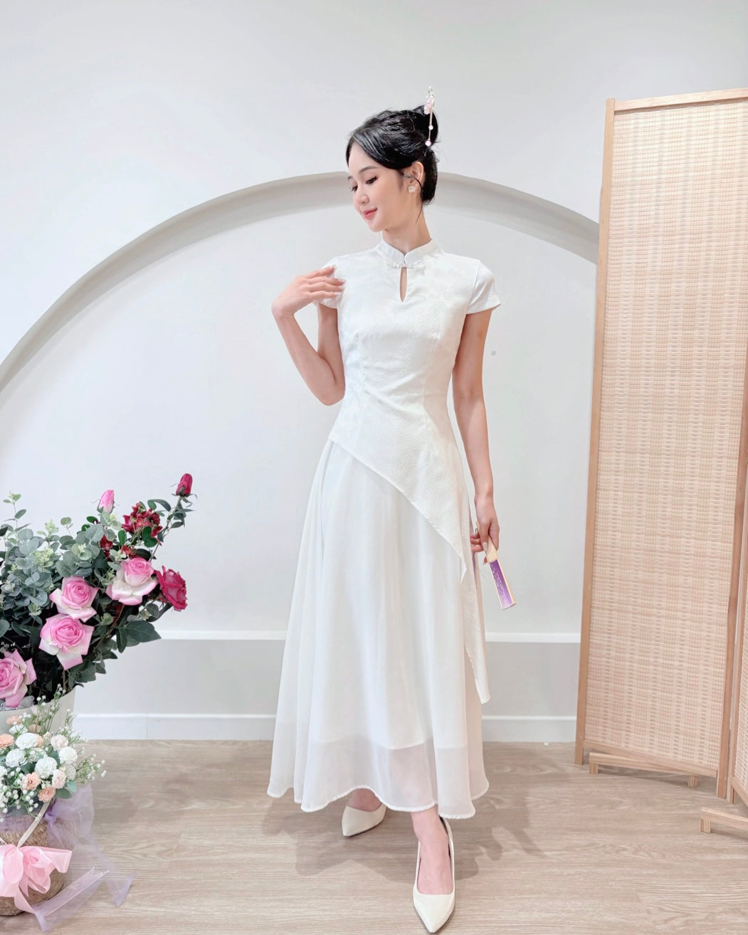 Short Sleeve Asymmetry Cheongsam Dress WHITE/ BLUE/ BEIGE (S-2XL)