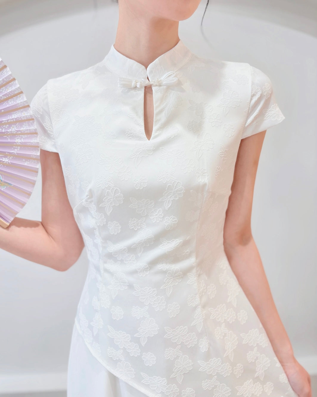 Short Sleeve Asymmetry Cheongsam Dress WHITE/ BLUE/ BEIGE (S-2XL)