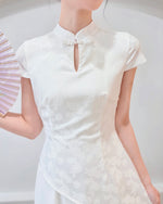 Short Sleeve Asymmetry Cheongsam Dress WHITE/ BLUE/ BEIGE (S-2XL)