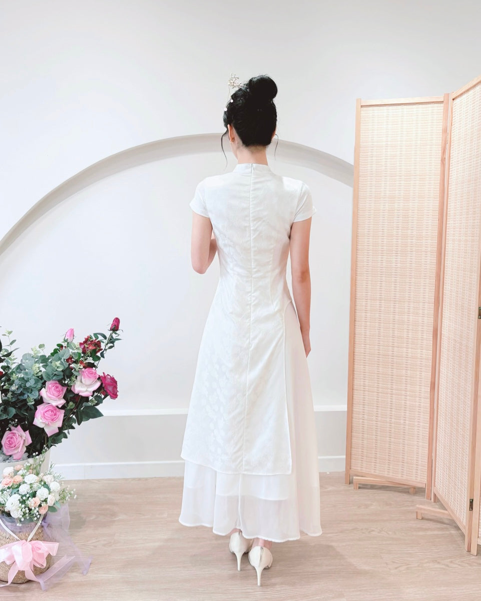 Short Sleeve Asymmetry Cheongsam Dress WHITE/ BLUE/ BEIGE (S-2XL)