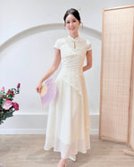 Short Sleeve Asymmetry Cheongsam Dress WHITE/ BLUE/ BEIGE (S-2XL)