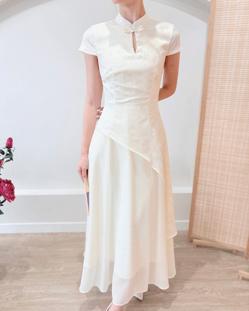 Short Sleeve Asymmetry Cheongsam Dress WHITE/ BLUE/ BEIGE (S-2XL)