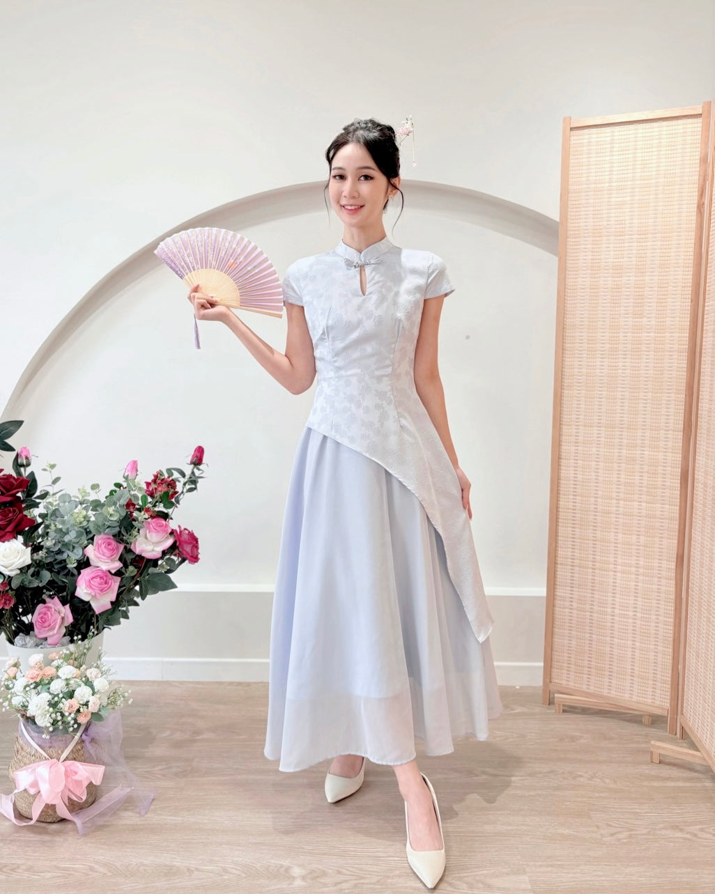 Short Sleeve Asymmetry Cheongsam Dress WHITE/ BLUE/ BEIGE (S-2XL)