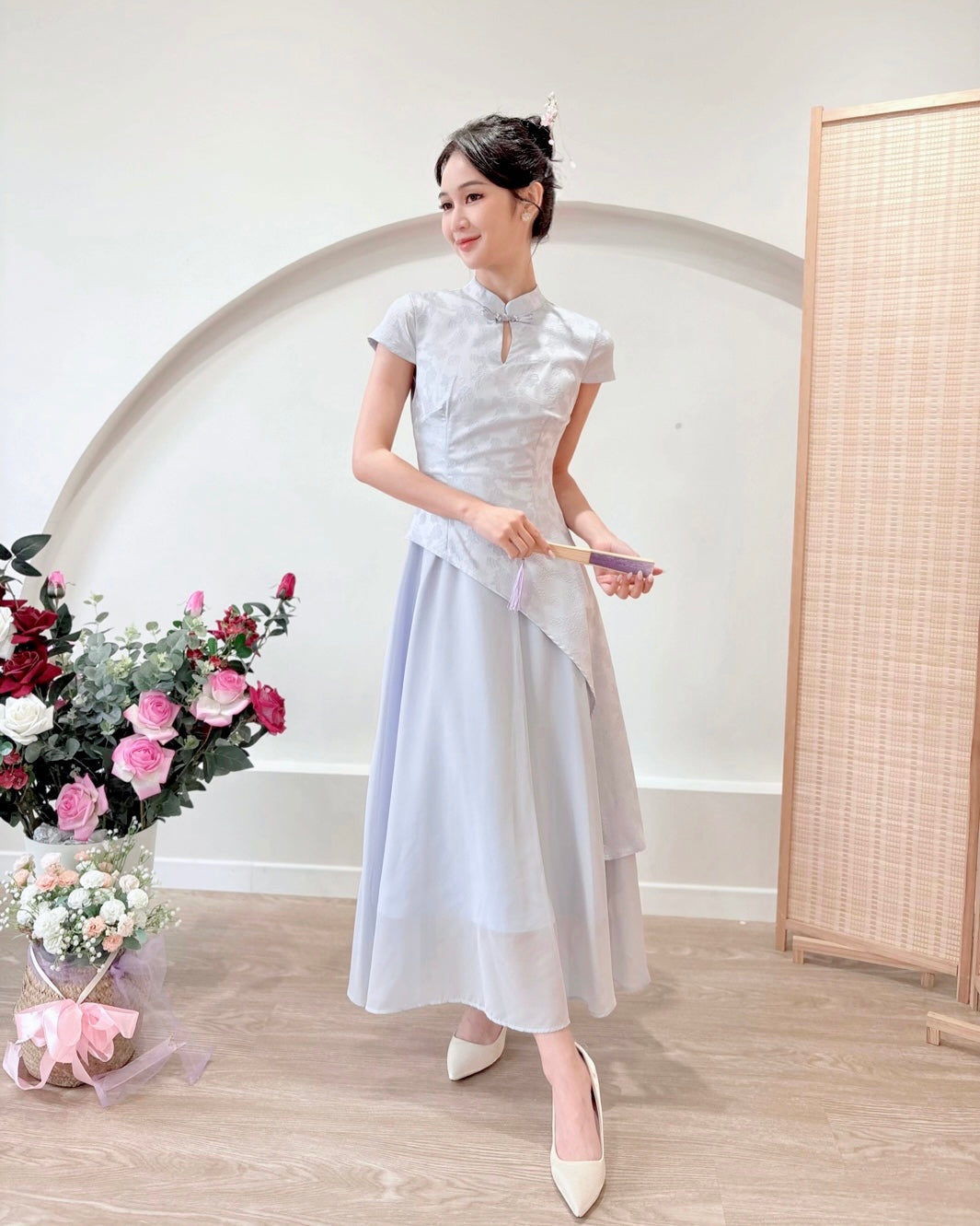 Short Sleeve Asymmetry Cheongsam Dress WHITE/ BLUE/ BEIGE (S-2XL)