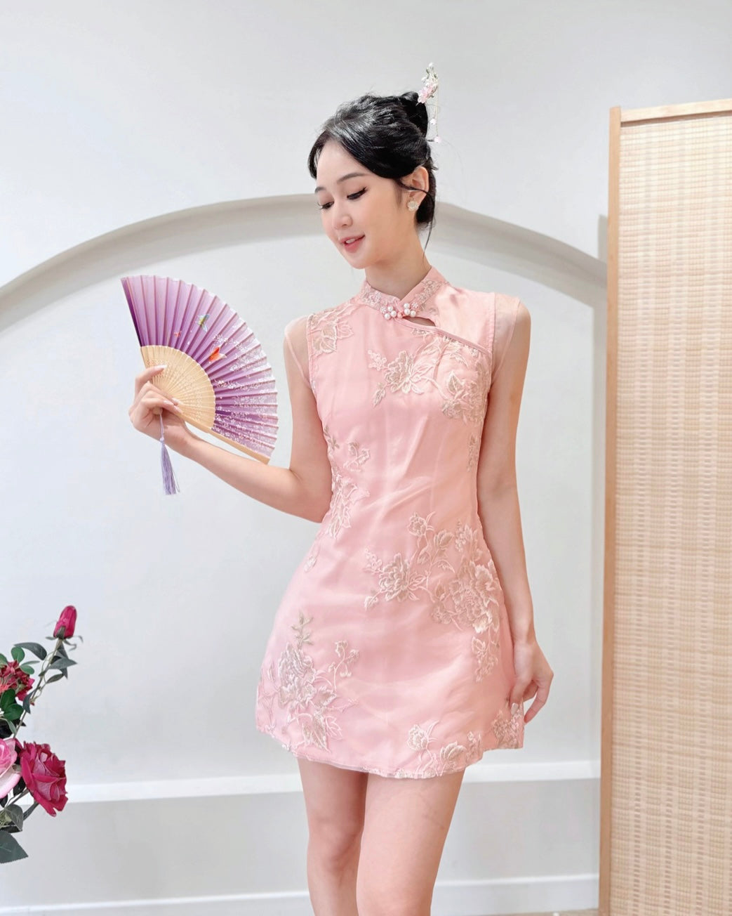 Embroidered Mesh Mini Qipao BEIGE/ PINK (S-L)