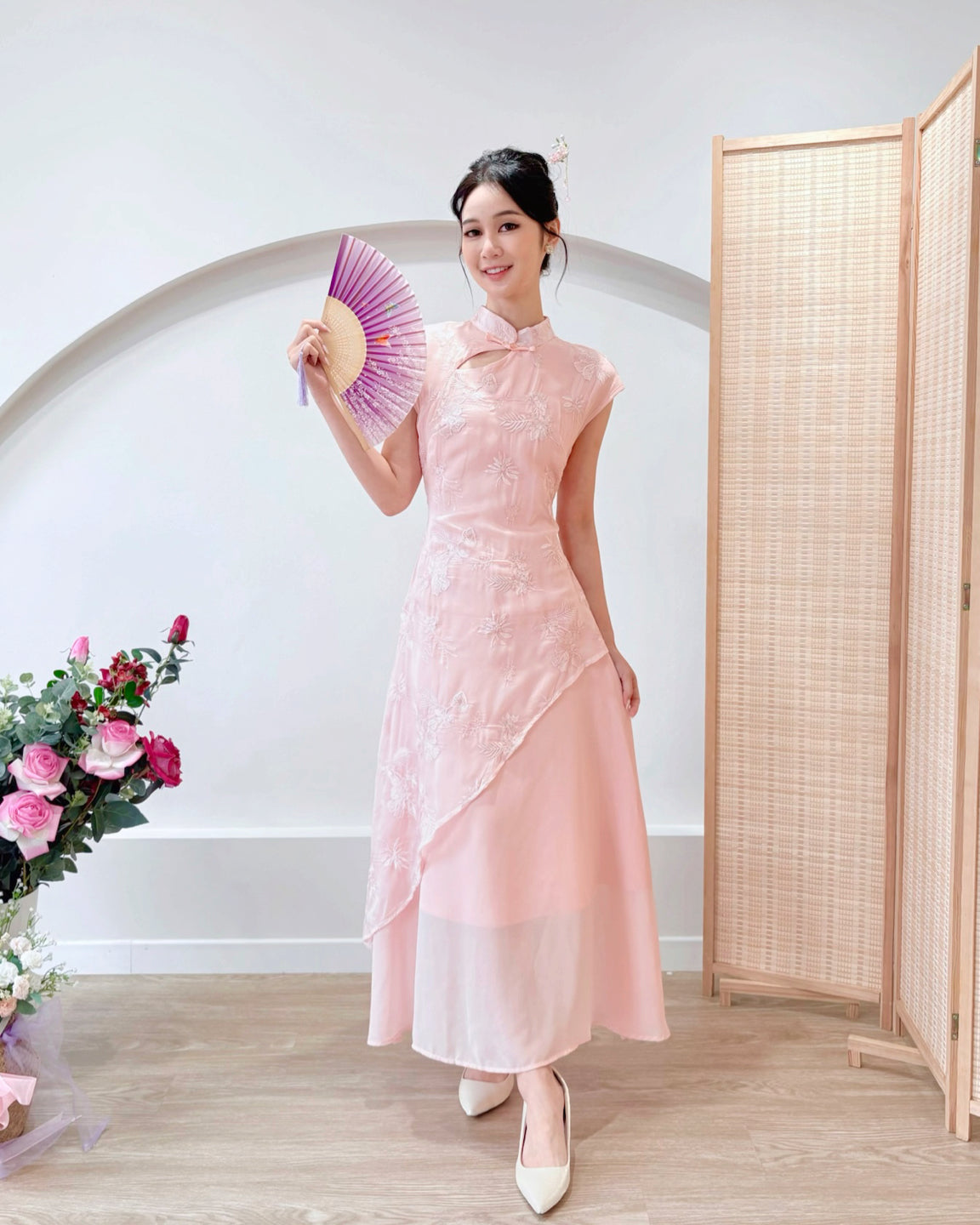 Embroidery Lace Asymmetry Cheongsam Dress PINK/ PURPLE (S-XL)