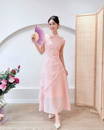 Embroidery Lace Asymmetry Cheongsam Dress PINK/ PURPLE (S-XL)