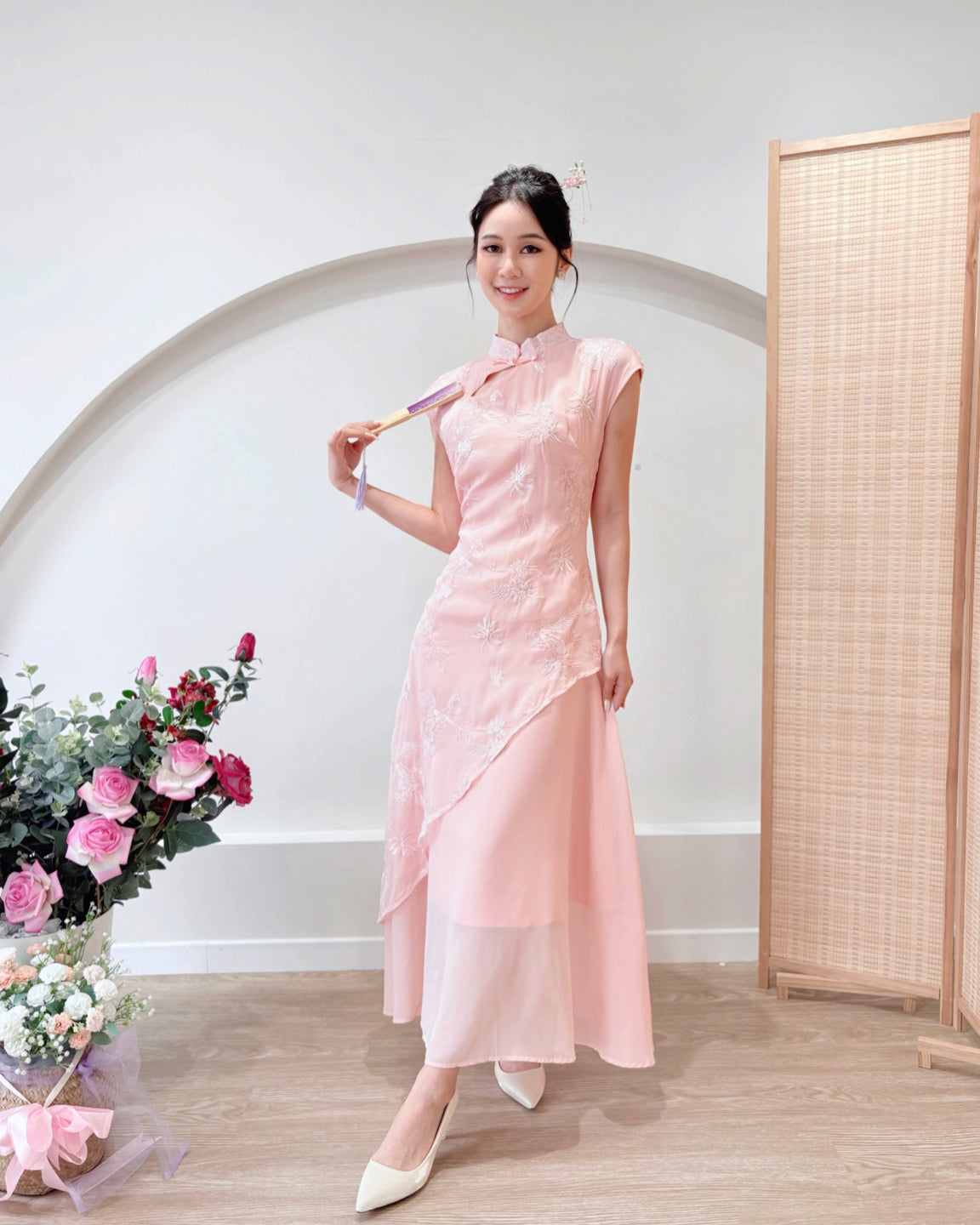 Embroidery Lace Asymmetry Cheongsam Dress PINK/ PURPLE (S-XL)