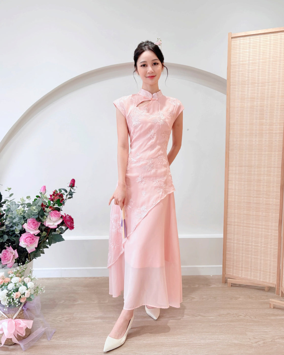 Embroidery Lace Asymmetry Cheongsam Dress PINK/ PURPLE (S-XL)