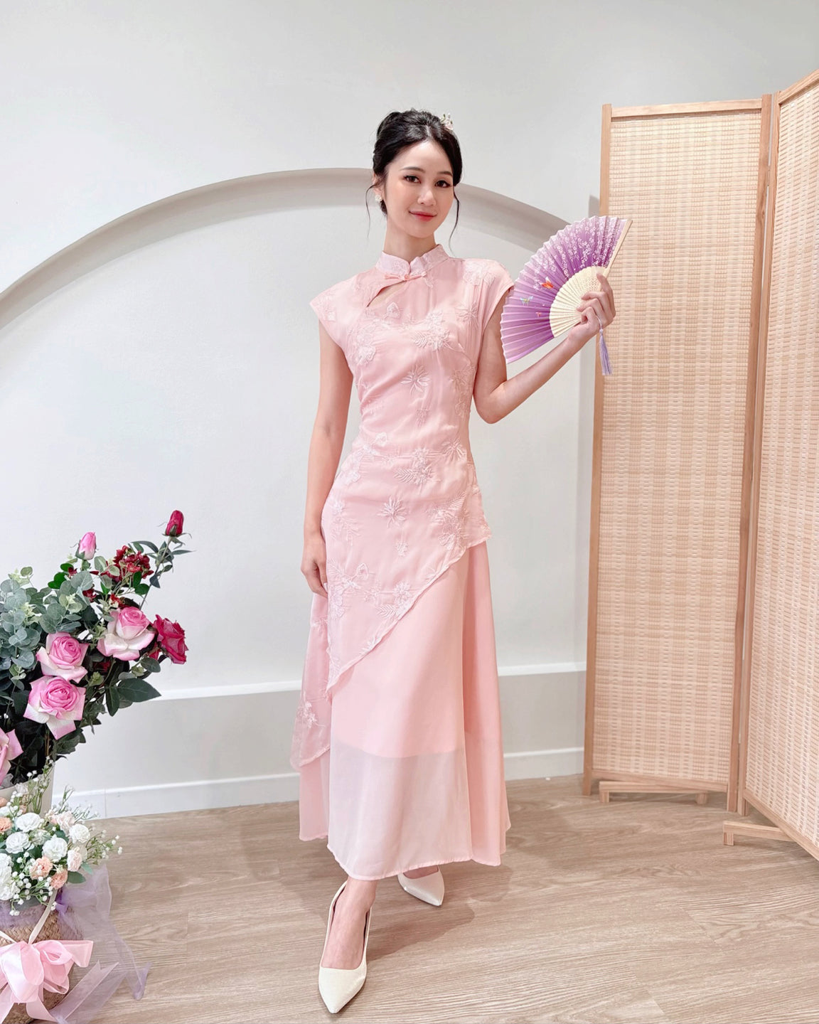 Embroidery Lace Asymmetry Cheongsam Dress PINK/ PURPLE (S-XL)
