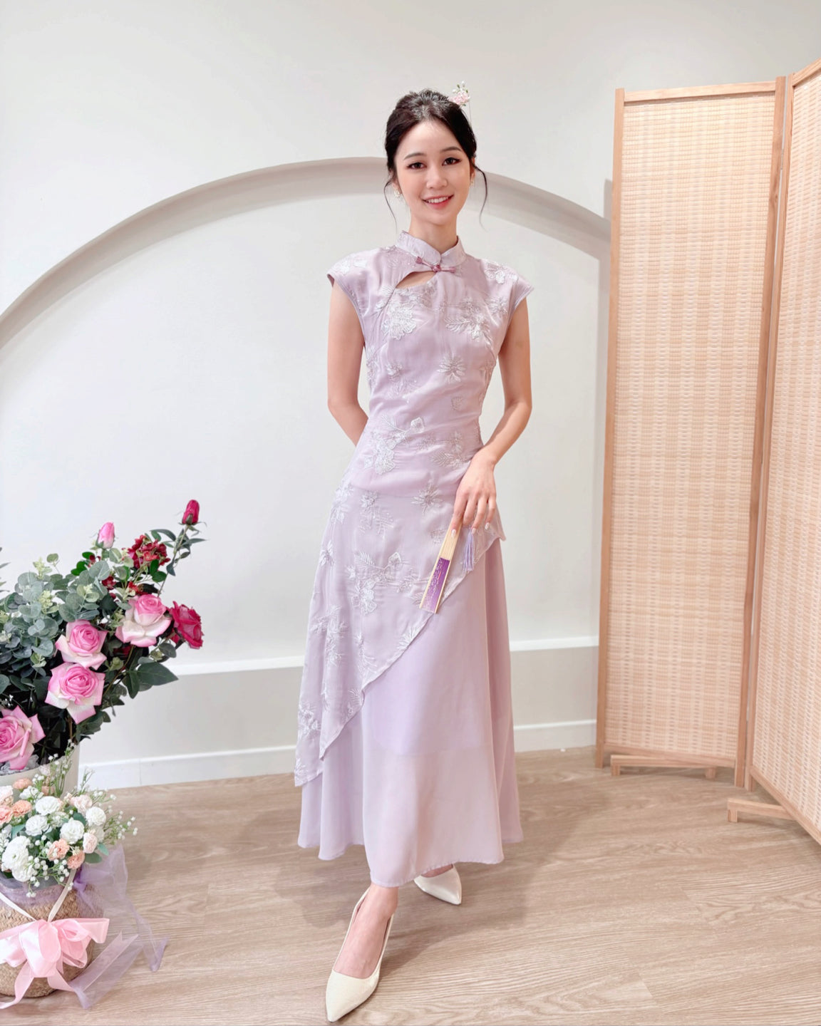Embroidery Lace Asymmetry Cheongsam Dress PINK/ PURPLE (S-XL)