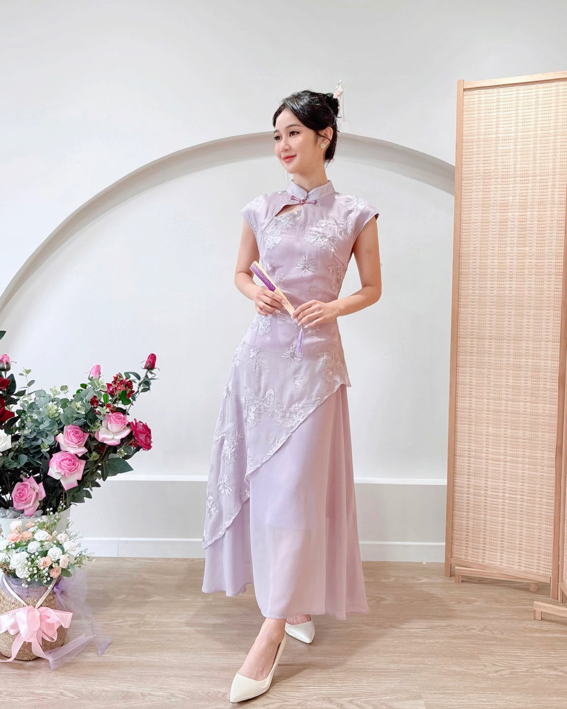Embroidery Lace Asymmetry Cheongsam Dress PINK/ PURPLE (S-XL)