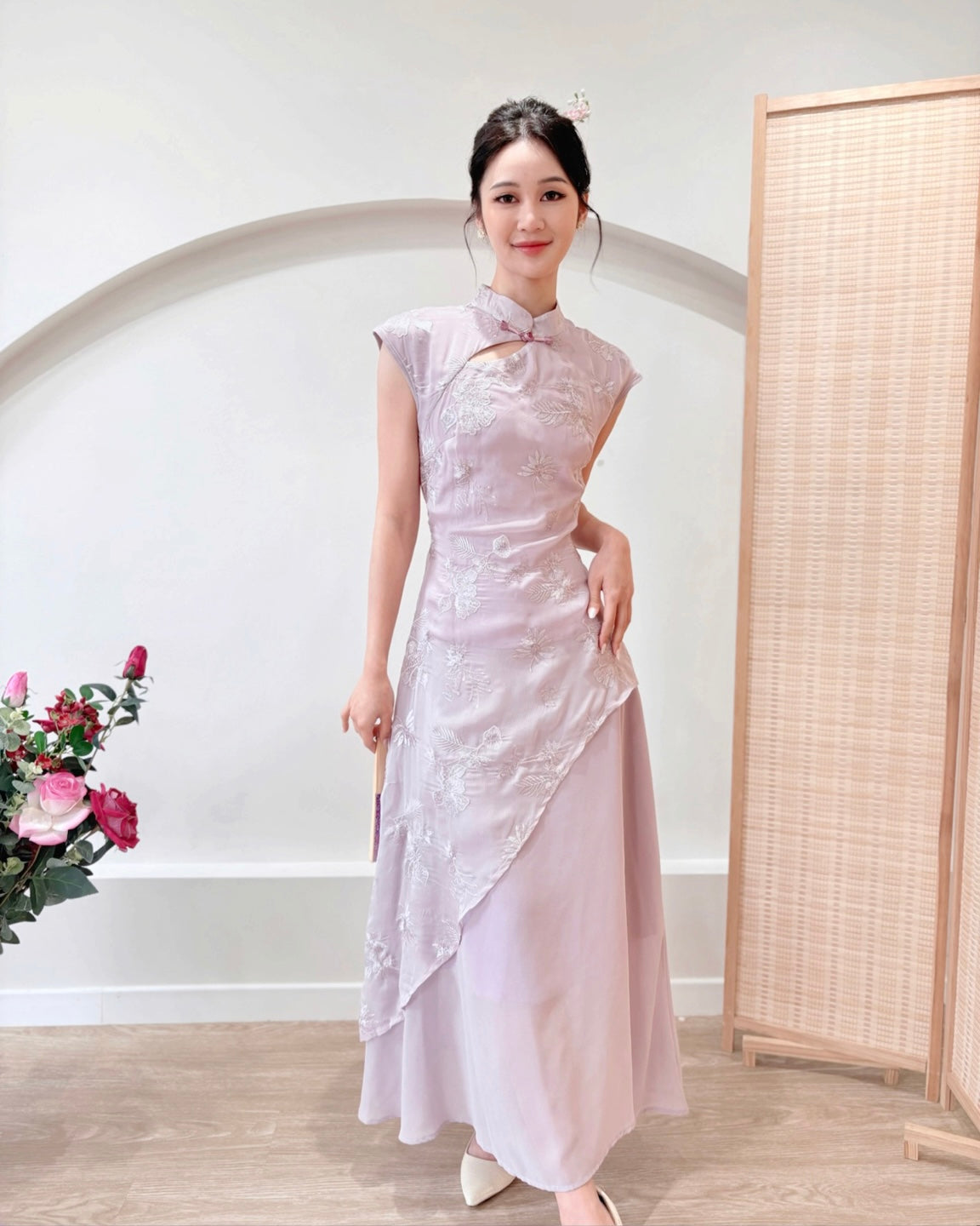 Embroidery Lace Asymmetry Cheongsam Dress PINK/ PURPLE (S-XL)