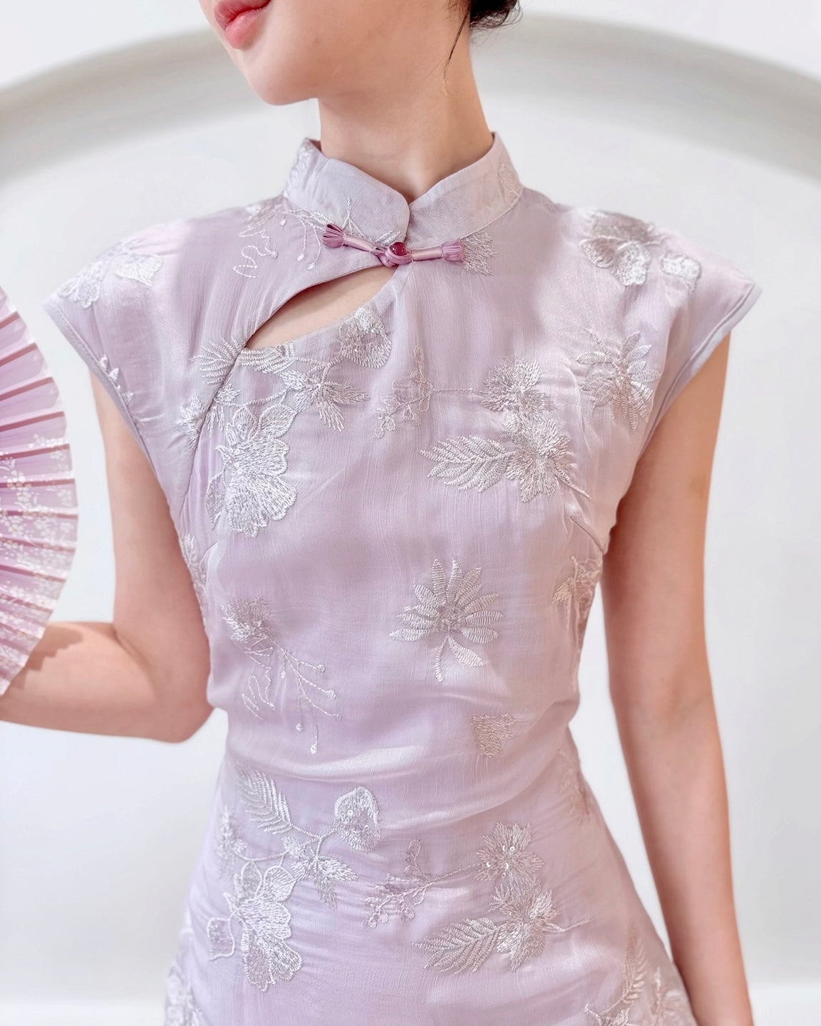 Embroidery Lace Asymmetry Cheongsam Dress PINK/ PURPLE (S-XL)