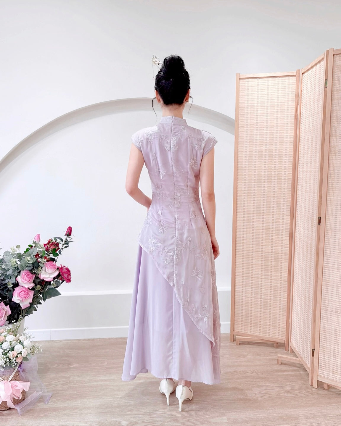 Embroidery Lace Asymmetry Cheongsam Dress PINK/ PURPLE (S-XL)