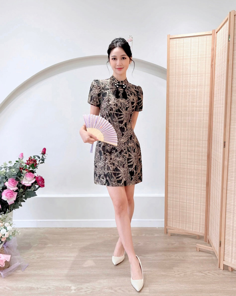 Golden Embroidery Mini Cheongsam BEIGE/ BLACK (S-2XL)