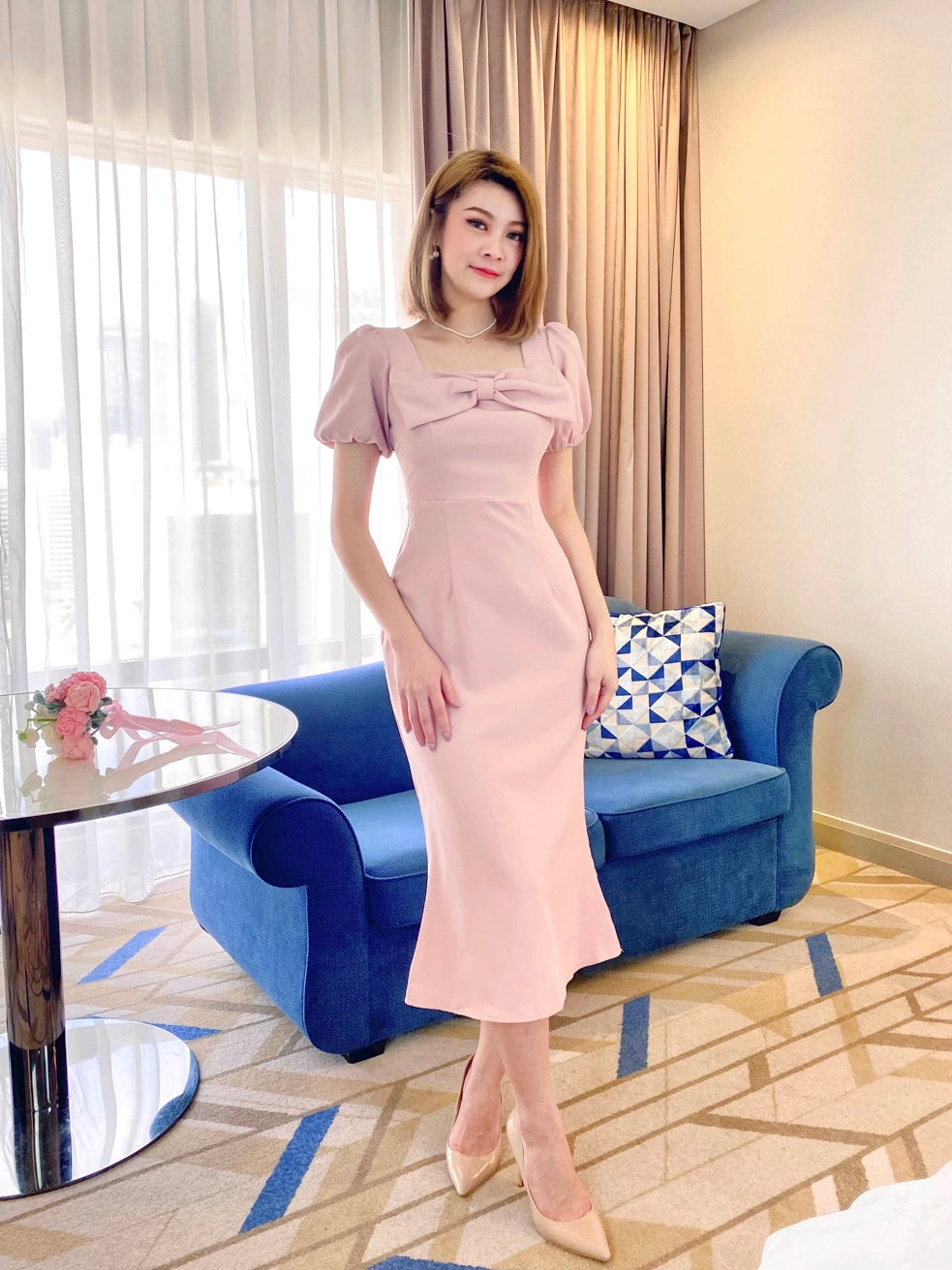 Bow Design Mermaid Midi Dress WHITE PINK S XL Sweet Classy Co