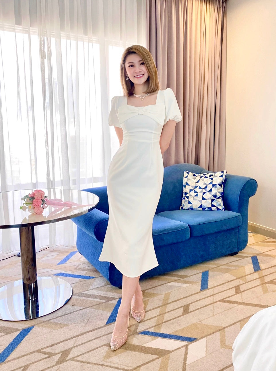 Bow Design Mermaid Midi Dress WHITE (S-XL)