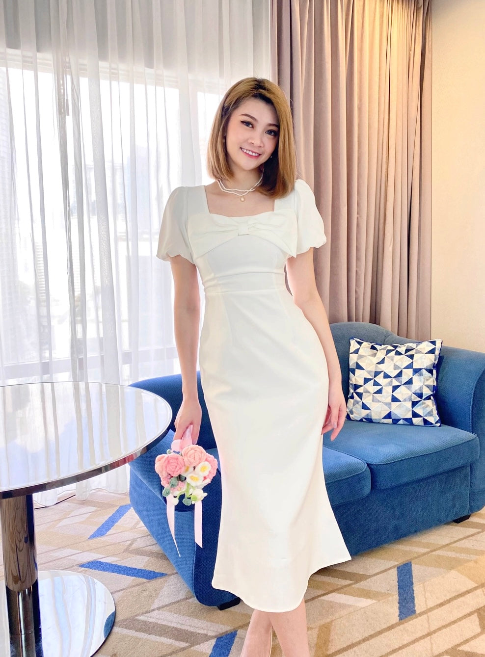 Bow Design Mermaid Midi Dress WHITE (S-XL)