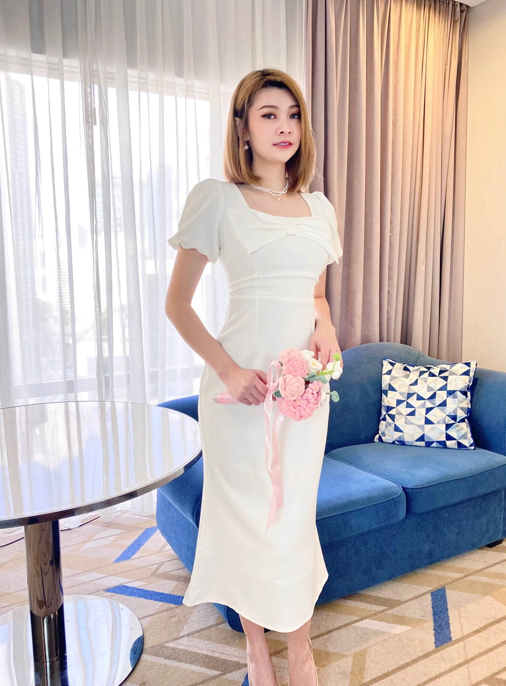 Bow Design Mermaid Midi Dress WHITE/ PINK (S-XL)