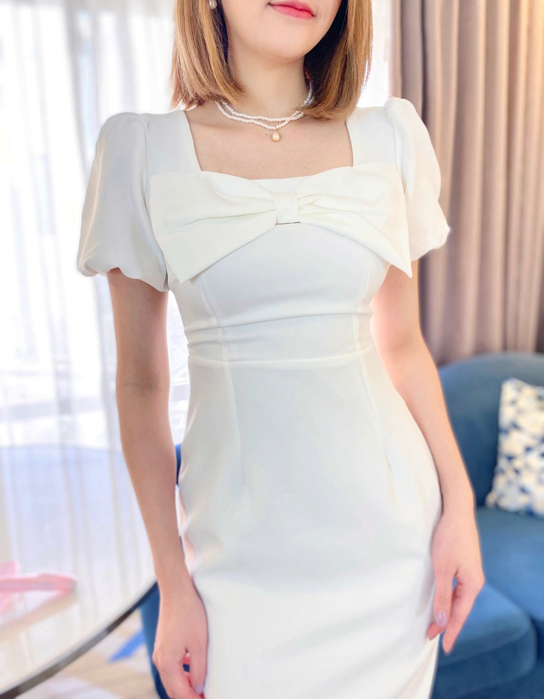 Bow Design Mermaid Midi Dress WHITE/ PINK (S-XL)