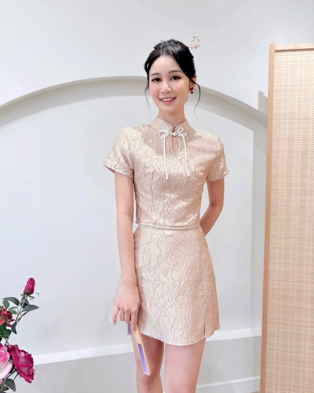 Embroidered Lace Oriental Set CHAMPAGNE/ MAROON (S-2XL)