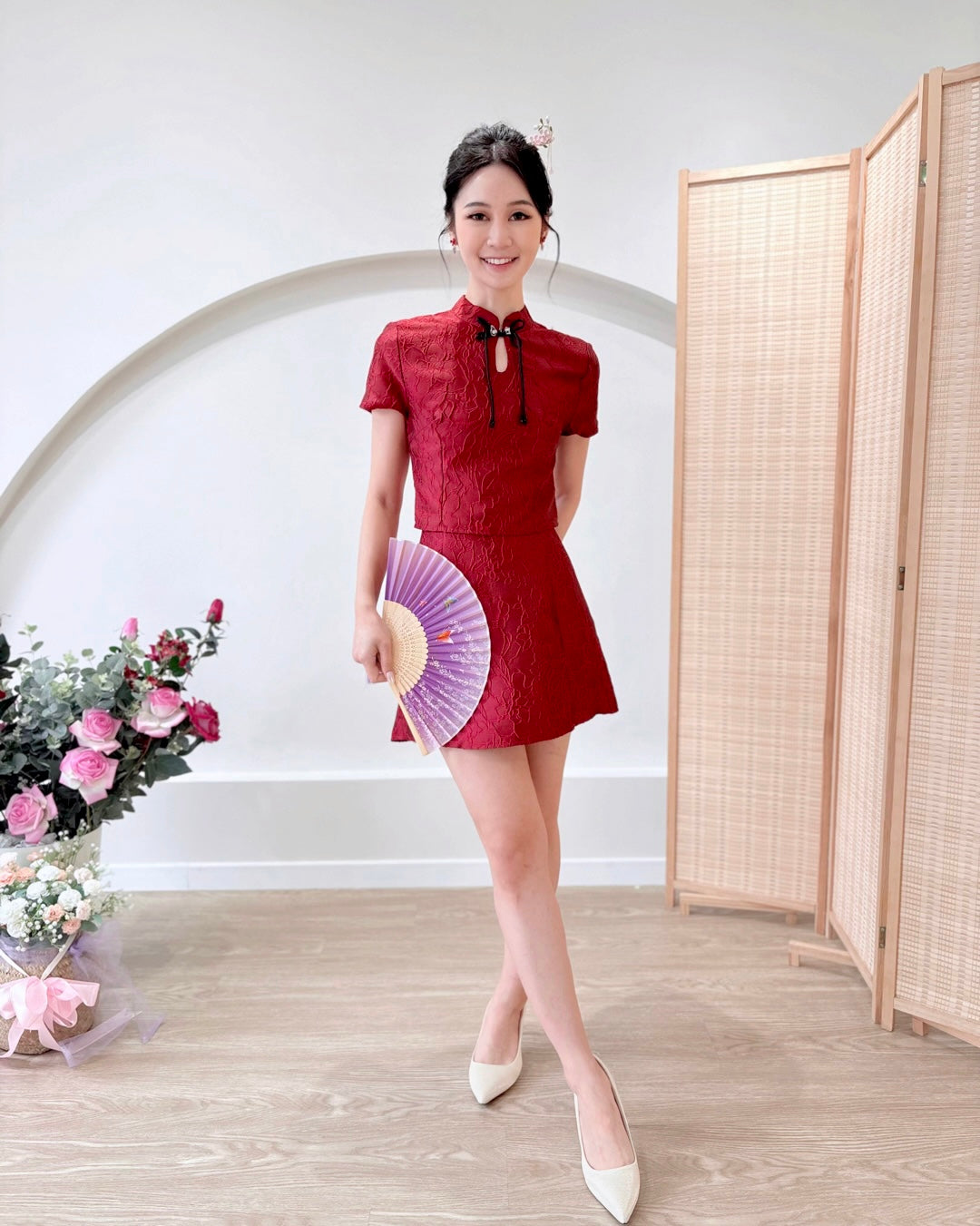 Embroidered Lace Oriental Set CHAMPAGNE/ MAROON (S-2XL)