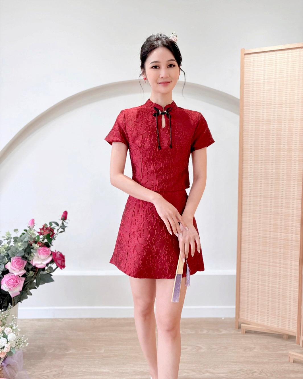 Embroidered Lace Oriental Set CHAMPAGNE/ MAROON (S-2XL)