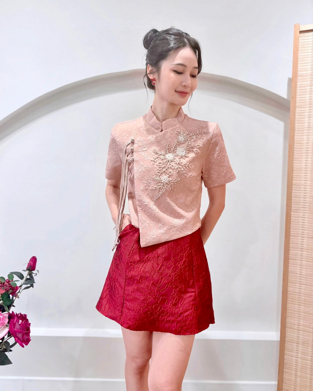 Embroidery Beads Oriental Top CHAMPAGNE/ WHITE/ PINK (M-2XL)