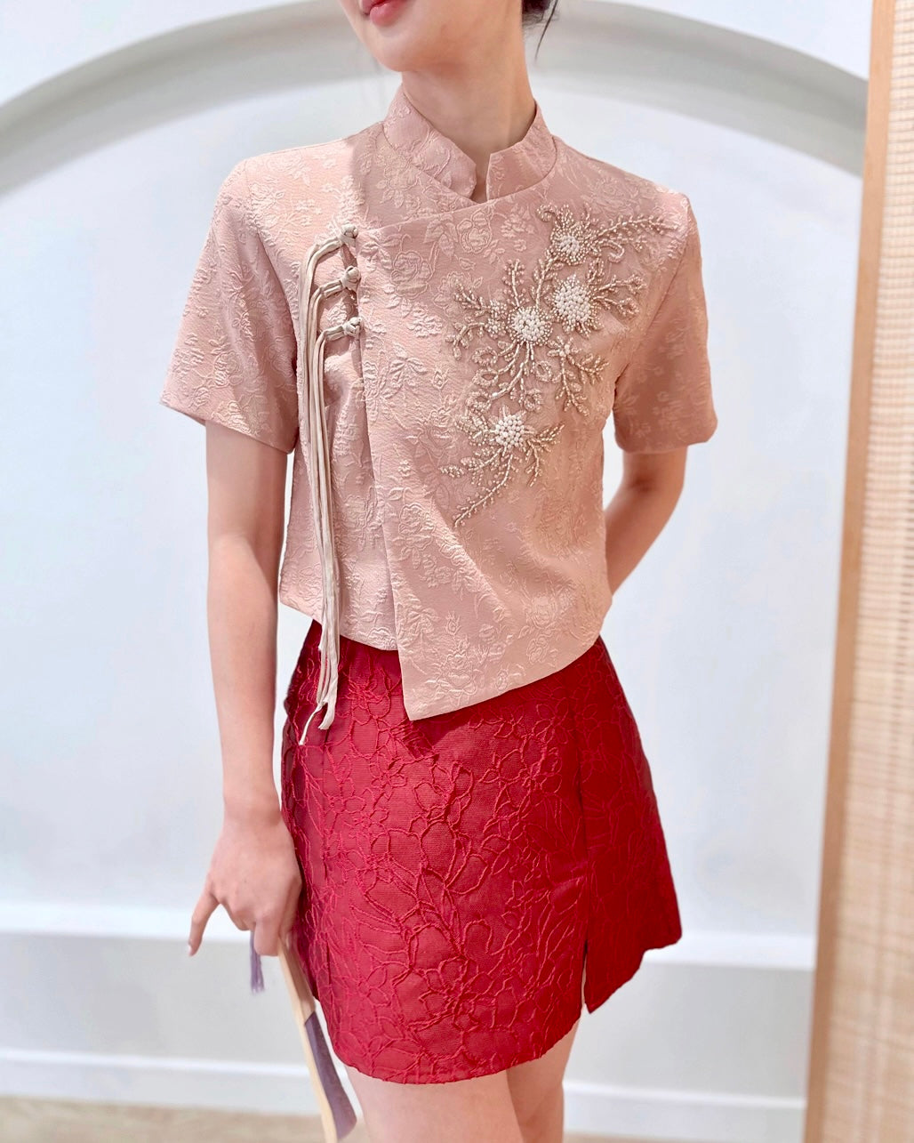 Embroidery Beads Oriental Top CHAMPAGNE/ WHITE/ PINK (M-2XL)