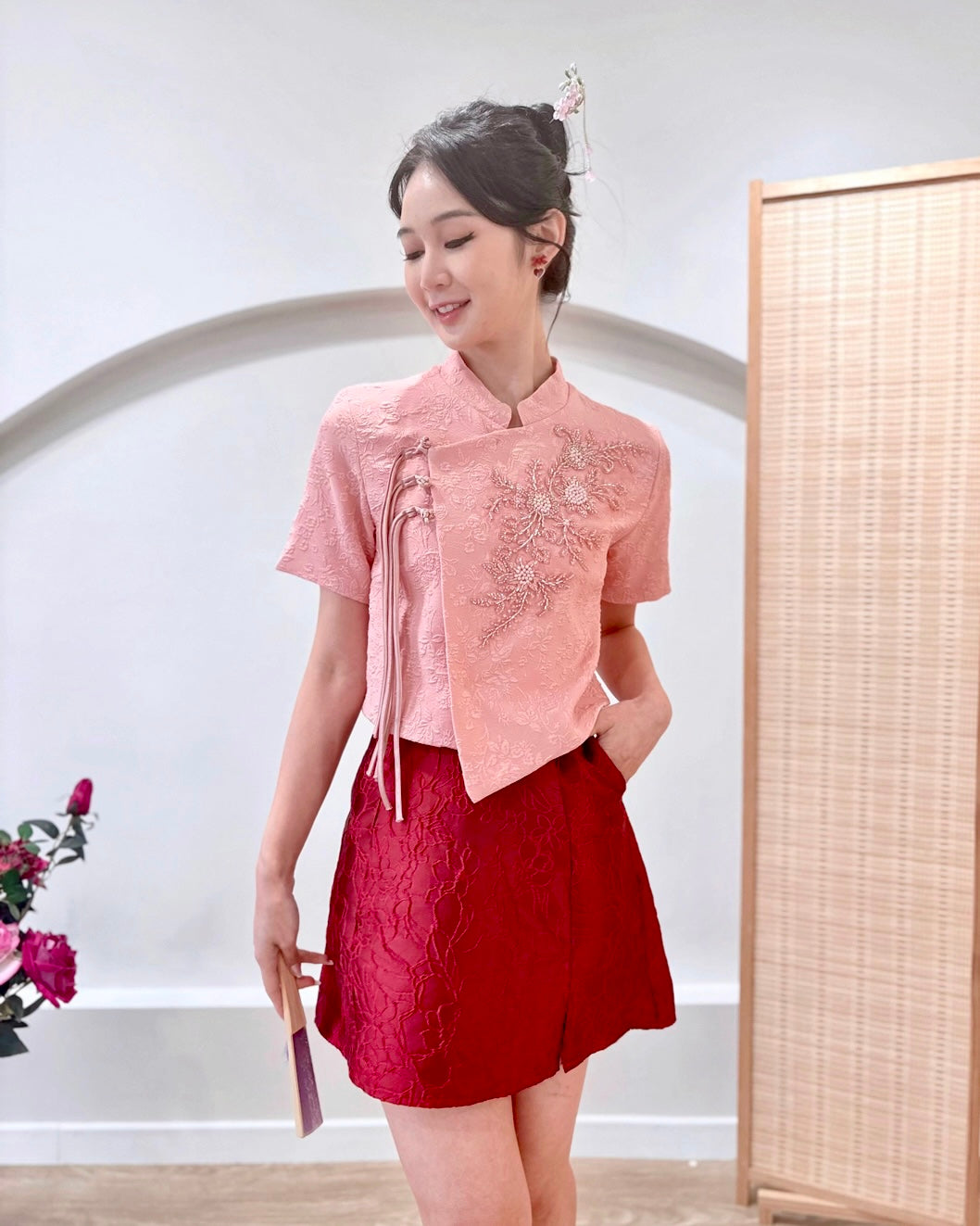 Embroidery Beads Oriental Top CHAMPAGNE/ WHITE/ PINK (M-2XL)