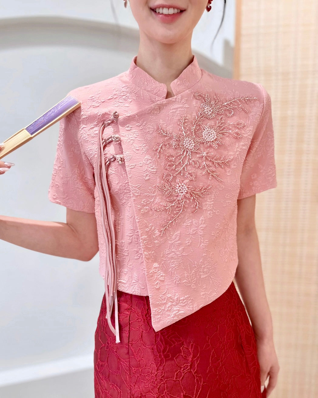 Embroidery Beads Oriental Top CHAMPAGNE/ WHITE/ PINK (M-2XL)